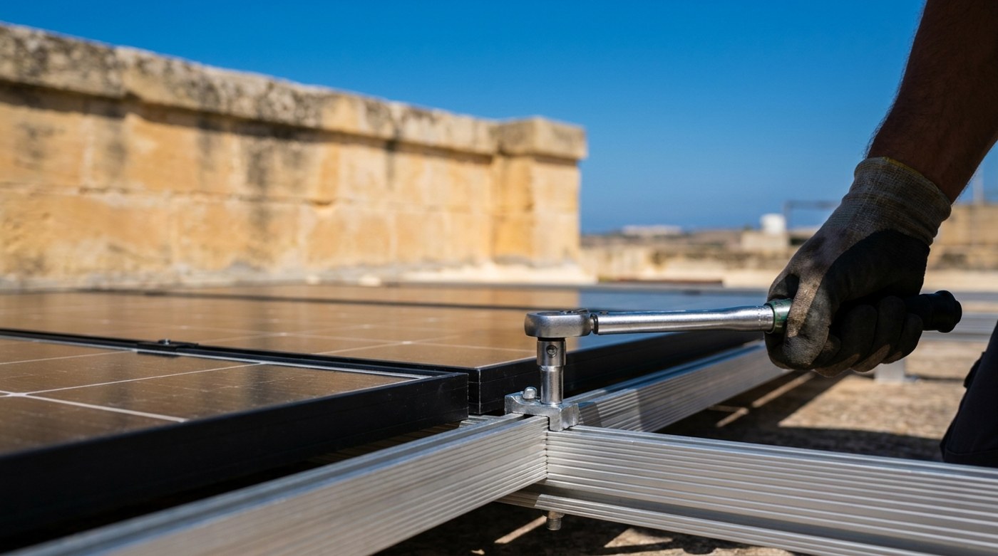 Illustration: close-up of a gloved installer tightening a clamp on an aluminium rail beside black solar panels on a Maltese limestone rooftop