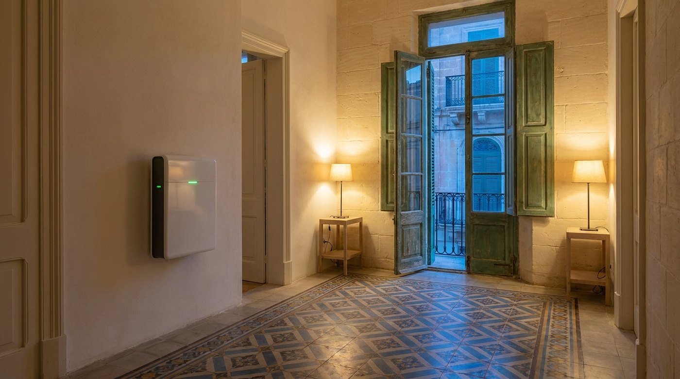 Illustration: a white wall-mounted home battery with a green status light in a Maltese townhouse hall at dusk, patterned cement tiles and green timber shutters