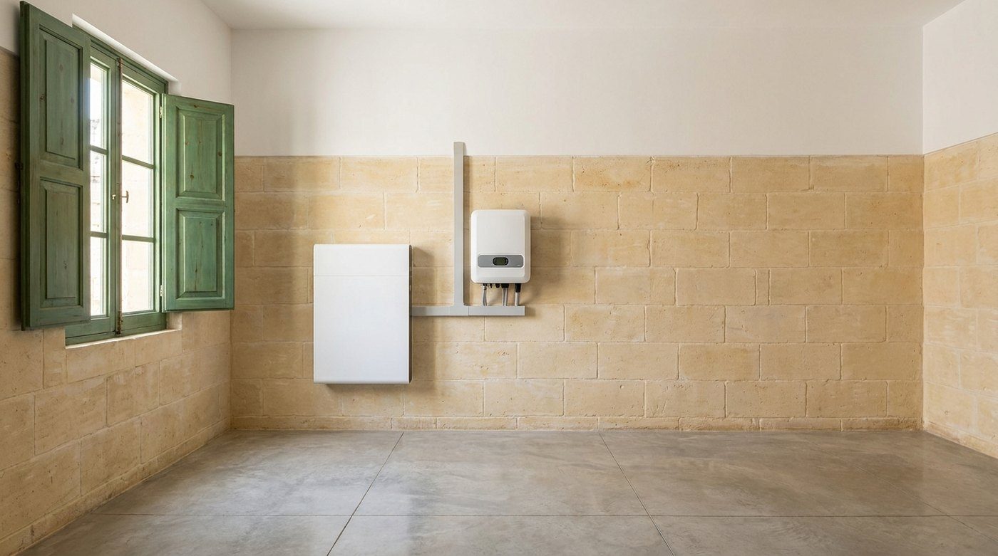 Illustration: a wall-mounted home battery and hybrid inverter on a limestone wall beside a green-shuttered window in a Maltese house