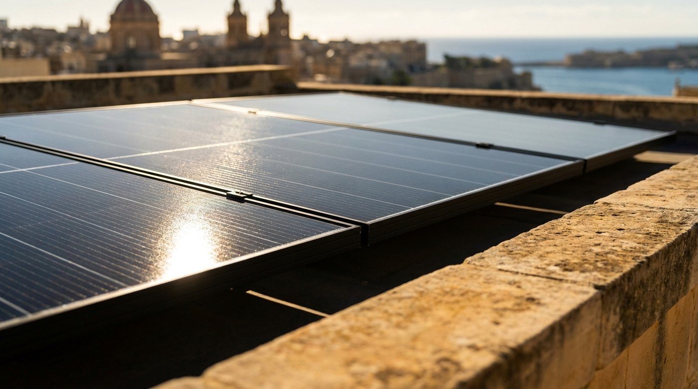 Illustration: close-up of solar panels catching the sun above a limestone parapet, with a Maltese town, church domes and the sea behind