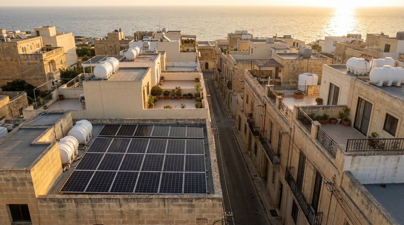 Illustration: aerial view of flat limestone rooftops along a Maltese street, water tanks on the roofs and one roof covered in solar panels, the sea beyond